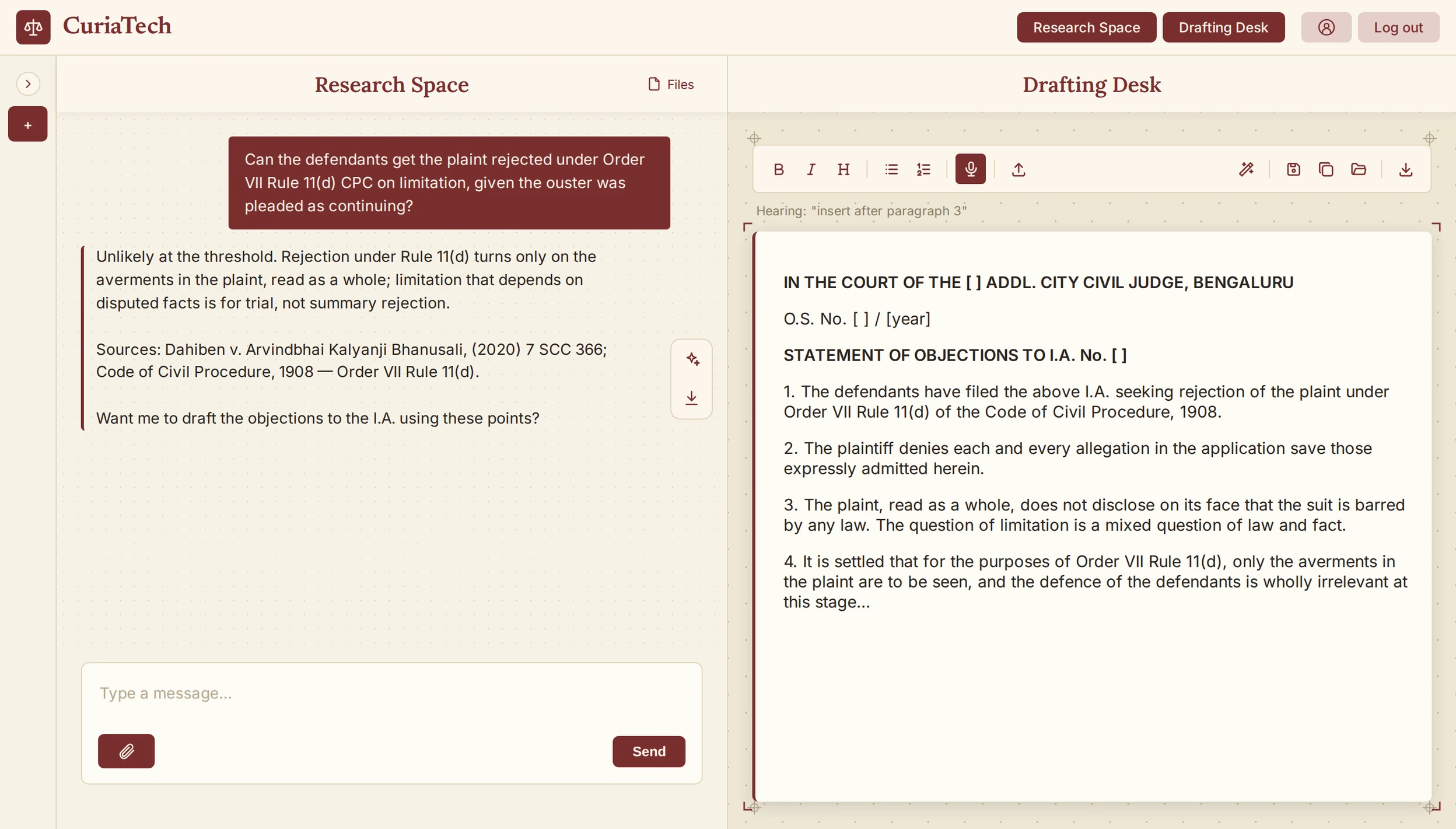 CuriaTech's Research Space answering a question on rejection of a plaint under Order VII Rule 11(d) CPC, beside the Drafting Desk with a draft statement of objections